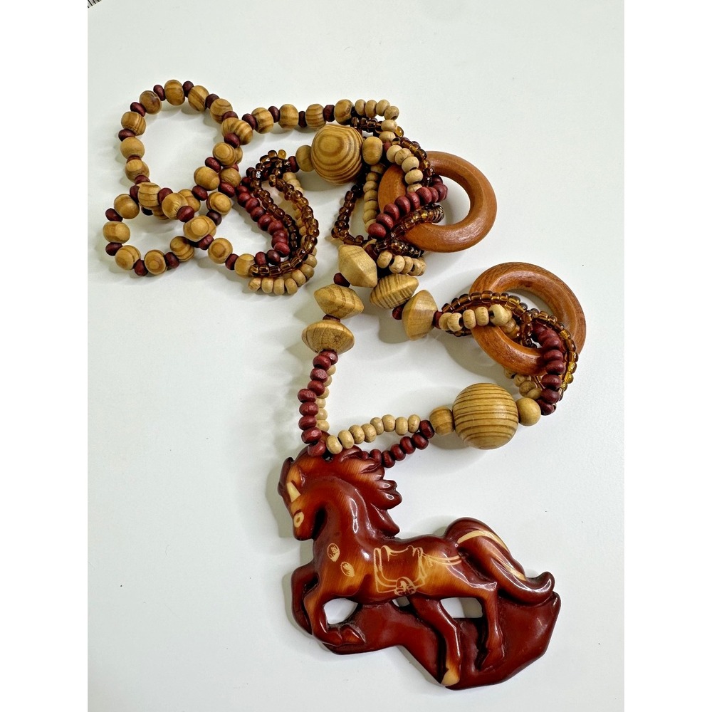 Belize Carved Horse Necklace Wood Beaded Long Statement Gorgeous Equestrian